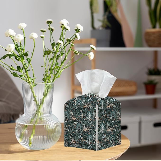 Tissue Box Cover, Tissue Box Holder, Square with Belt Bottom, PU Leather Decorative Organizer for Desk, Tabletop, Countertop Bathroom, Toilet, Car, Bedside, Dresser Kitchen, Deer Deep Forest Decor