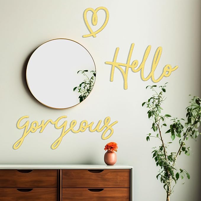 Bnesi Hello Gorgeous Heart Sign Wall Decor Black Metal Wall Decor Modern Hello Gorgeous Elegant Metal Wall Art Decor for Bathroom, Bedroom, Lash room (Gold, Large)