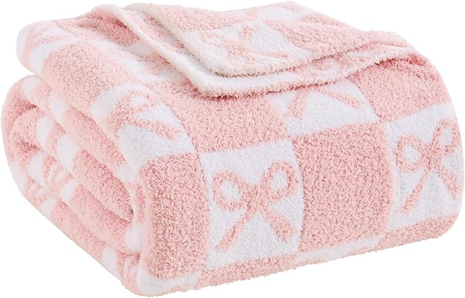 YIRUIO Pink Checkered Knit Throw Blanket with Bow Pattern for Women Daughter 50x60 Ultra Soft Microfiber Reversible,Fluffy Fuzzy Cozy Throw for Bed, Sofa & Couch Home Decor