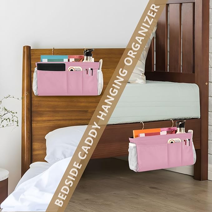 DOMIKING Pink Bedside Caddy for Dorm Bed Recliner Armrest Organizer with Hooks Haning Holders for Magazine Tablet Phone