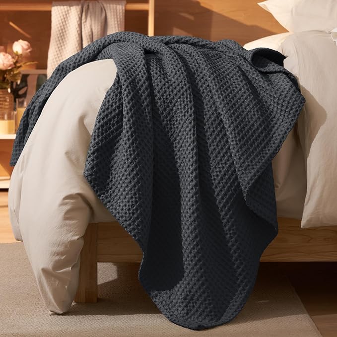 PHF Ultra Soft Waffle Weave Throw Blanket 50"x 60"- Washed Lightweight Breathablee Cozy Woven Blanket - Great for Couch Bed Sofa Home Car - Black