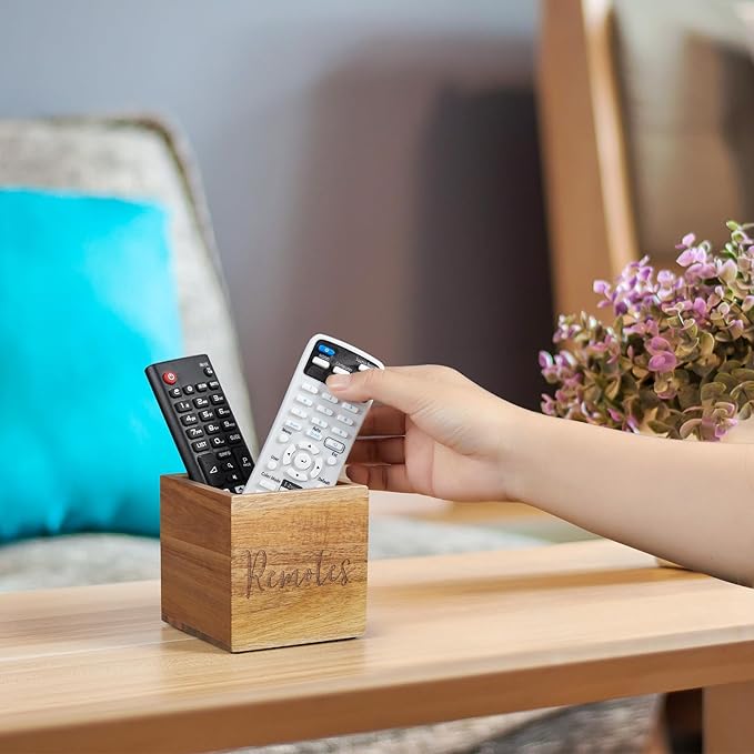 DRASTAR Remote Control Holder, Wood TV Remote Holder, Remote Storage Caddy, Remote Control Organizer (Acacia, 1 Slot)