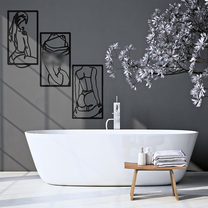 Peryiter 3 Pcs Modern Minimalist Wall Decor Abstract Metal Wall Art Metal Line Art Woman Body Artwork for Bedroom Bathroom Living Room(Black)