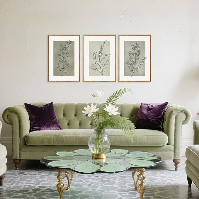 CHDITB Botanical Sage Leaf Framed Canvas Wall Art Set Of 3, Minimalist Wall Decor, Boho Nature Floral Greenery Wall Painting, Neutral Botanical Plant Art Prints For Dining Room Bedroom Decor 12”X16”