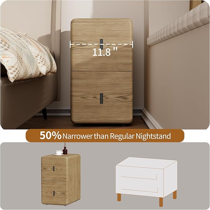 VICITON Narrow Nightstand with Drawers, Faux Leather Bedside Table, Solid Wood Drawer, Small Side Table for Bedroom (Leather Yellow Oak, 11.8" x 15.7" x 19.7")