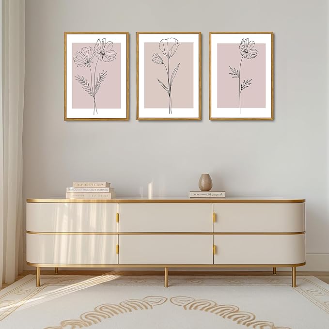 Wodkwq 3 Piece Pink Canvas Wall Art Set Framed,Pink Flower Wall Decor,Floral Prints,Botanical Line Painting,Minimalist Poster Pink Aesthetic for Girls' Room,Living Room,Bedroom,Office 16x24in