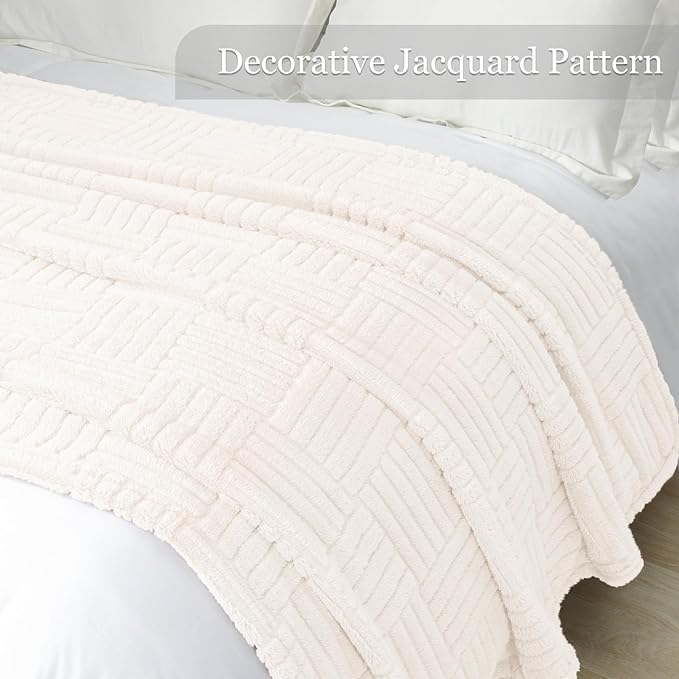 Whale Flotilla Lightweight Fleece Twin Size Blanket for Bed, Fuzzy Soft Blankets with Decorative Jacquard Pattern for All Season, Warm and Fluffy, 60x80 Inch, Ivory