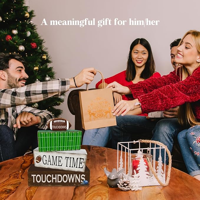 4 Pcs Football Table Decorations Football Wooden Tiered Tray Decor Decorative Sport Centerpiece Faux Book Block Sign for Desk Tabletop Floating Shelf Mantel Fireplace Home Decor