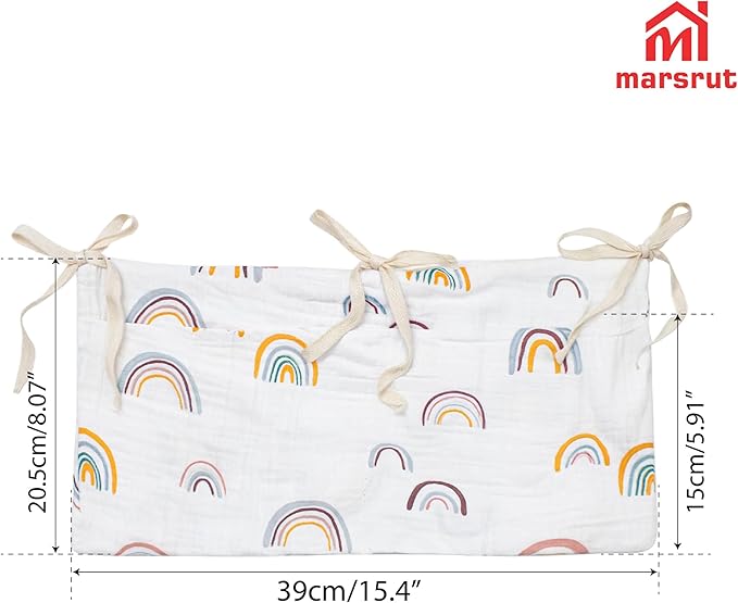 Crib Hanging Storage Organizer Bag, Baby Bedside Cribs Pocket, Cotton Material, Multifunctional Caddy Bags for Organizing Drool Bibs Diaper Bed-Bunk Nappy Milk Bottle Dormitory (Rainbow White)