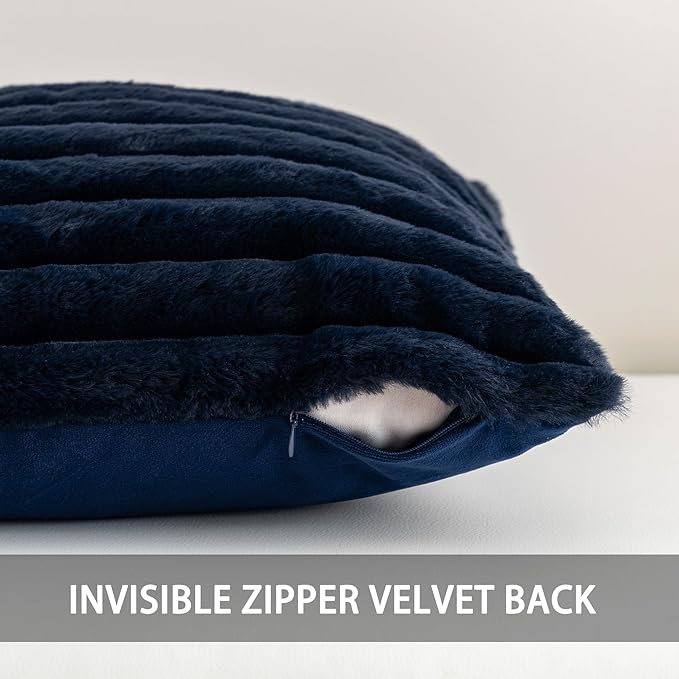 Aegero Pack of 2 Faux Fur Fall Throw Pillow Covers 20x20 Inch, Soft Plush Striped Neutral Couch Pillow Cover, with Velvet Back Modern Home Decor for Sofa Living Room Couch Bed Dark Blue