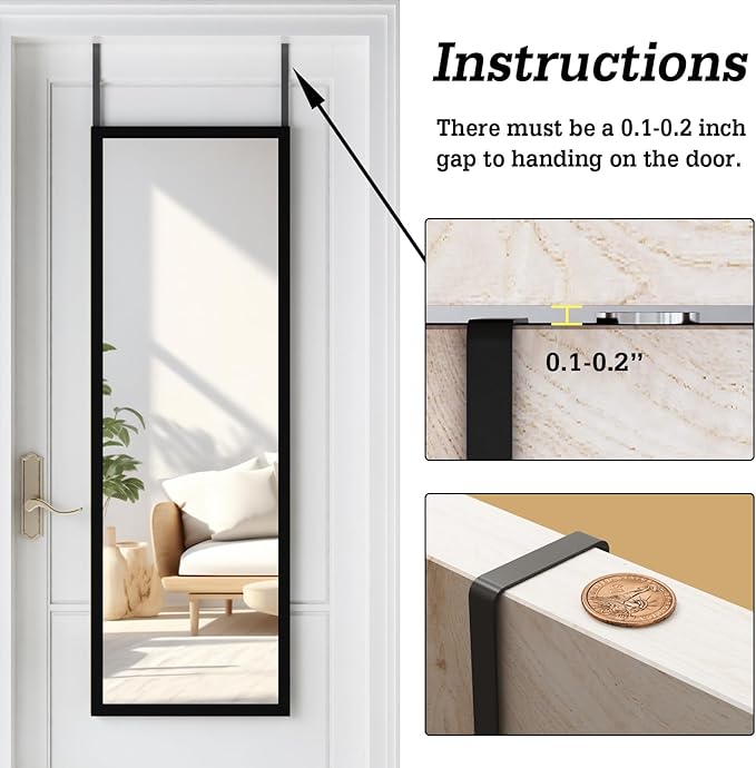 Whitebeach Wall Mirror Full Length Door, Black Bedroom Full Body Over The Door Hanging Mirror 48"16"