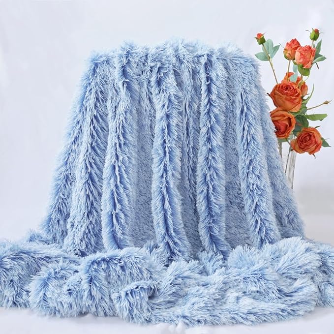 Plush Super Soft Blanket Bedding Sofa Cover Furry Fuzzy Fur Warm Throw Qulit Cozy Couch Blanket for Winter (63"x79",Blue and White)