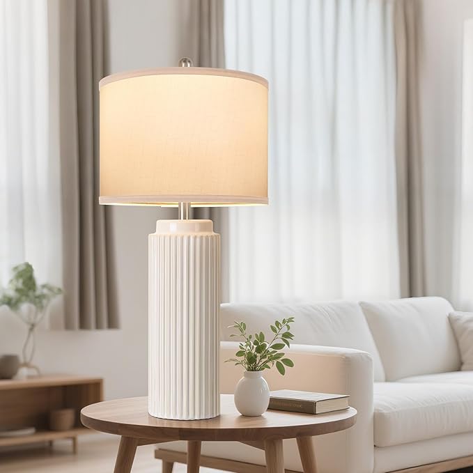 TOBUSA 28’’ Farmhouse Ceramic Table Lamps Set of 2 for Living Room, Cream Vintage Bedside Table Lamps with White Linen Shade, Rustic Nightstand Lamps for Bedroom Home Office End Table Dorm