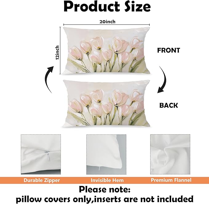 Vintage Pastel Tulip Floral Lumbar Pillow Cover 12x20 Double-Sided, Farmhouse Spring Decor, Abstract Floral Botanical Decorative Throw Pillow Cover for Living Room Home Bedroom