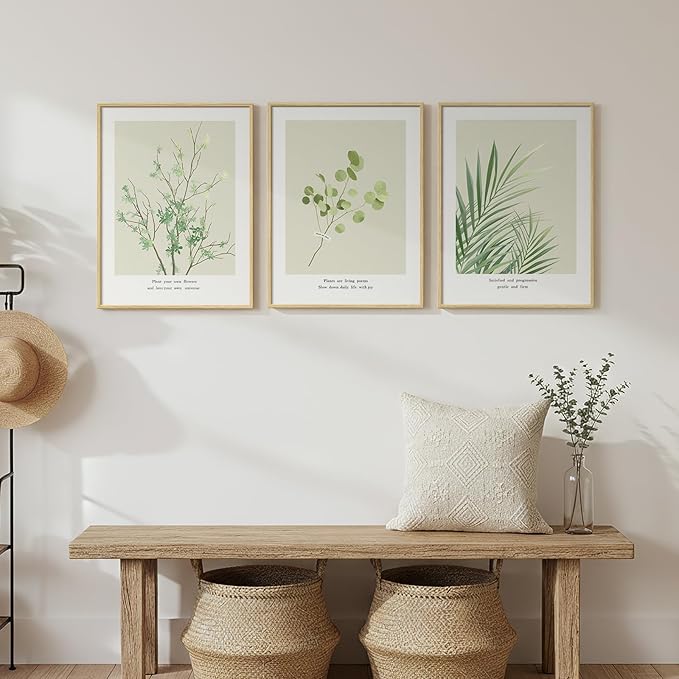 Framed Green Leaf Botanical 3 Piece Wall Art Bedroom, Modern Minimalist Floral Painting Print Canvas Artwork for Walls, Neutral Rustic Nature Pictures Wall Decor Living Room Nursery Kitchen, 12x16 In