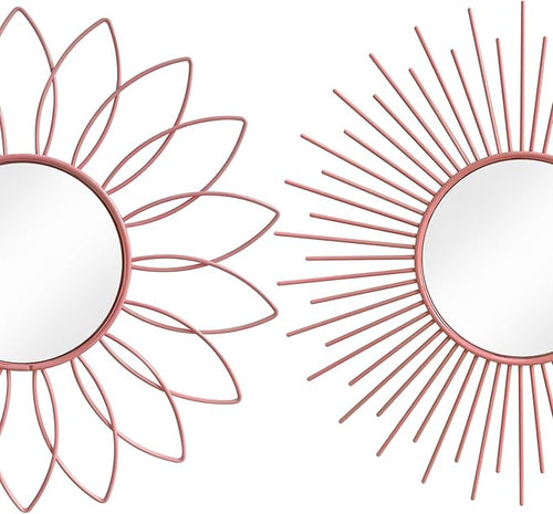 3 Pack Metal Mirrors for Wall Sunburst Wall Mirrors Home Décor Decorative Hanging Wall Art for Living Room Bedroom Entryway (Pink, Flower+Sunburst)