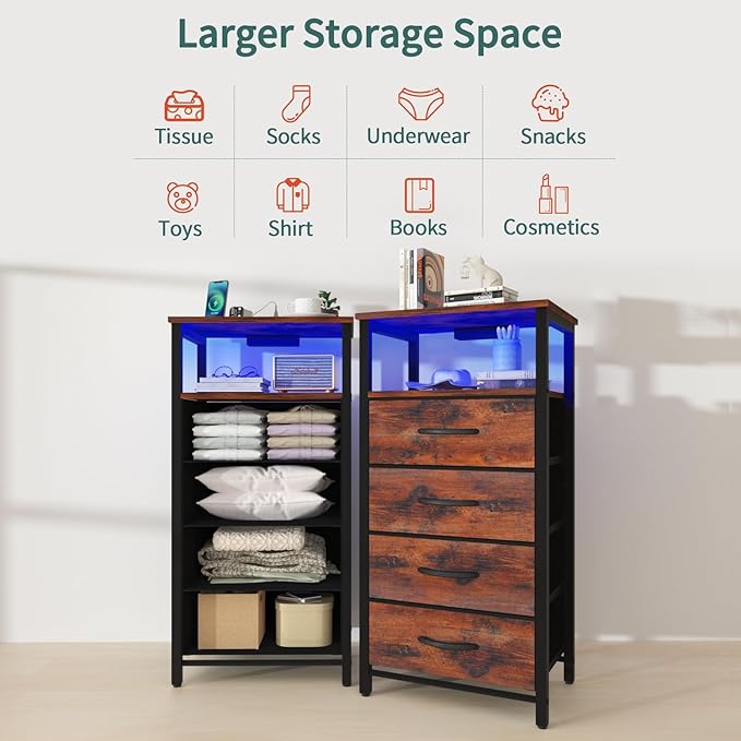 Yoobure Night Stand - LED Rustic Nightstand with Charging Station, Bedside Table with 4 Storage Drawers and Storage Shelf, End Table with USB Ports and Outlets