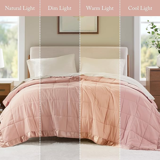 Madison Park Windom Down Alternative Blanket, Premium 3M Scotchgard Moisture Wicking Treatment, Lightweight and Soft Bed Cover For All Season, Satin Trim, Blush Full/Queen