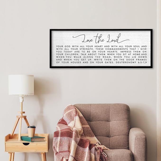 TQianJiang Christian Scripture Wall Decor Bible Verse Sign 32"×12" Deuteronomy 6:5-7,9 for Catholic Home Living Room Jesus Wall Art Large Wood Framed Family Plaque Horizontal Hanging (Black)