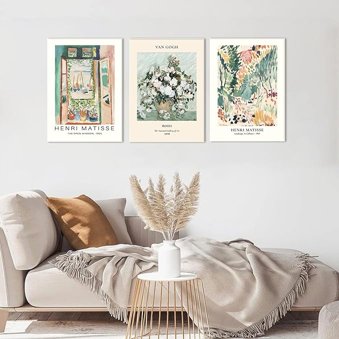 Sage Green Matisse Canvas Wall Art Set of 3 - Van Gogh Floral Pictures Wall Decor, Vintage Artwork Aesthetic Paintings Prints for Living Room Bedroom Bathroom 16x24 inch Framed