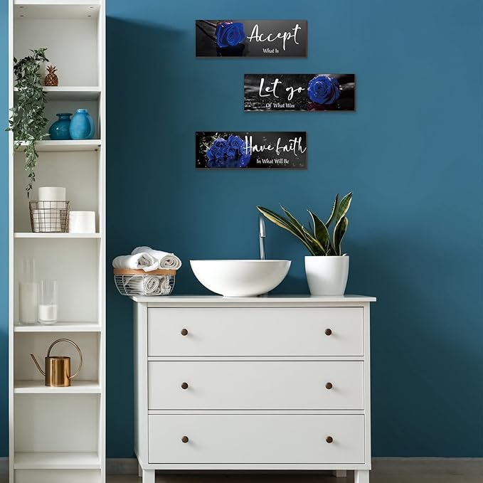 ZINYAZHE 3 Pcs Blue Bathroom Wall Decors Inspirational Blue Decor Wooden Roses Flower Wall Art Office Wall Decor with Accept Let Go Have Faith Quotes for Girl Women Bathroom Bedroom(12 x 4 Inch)