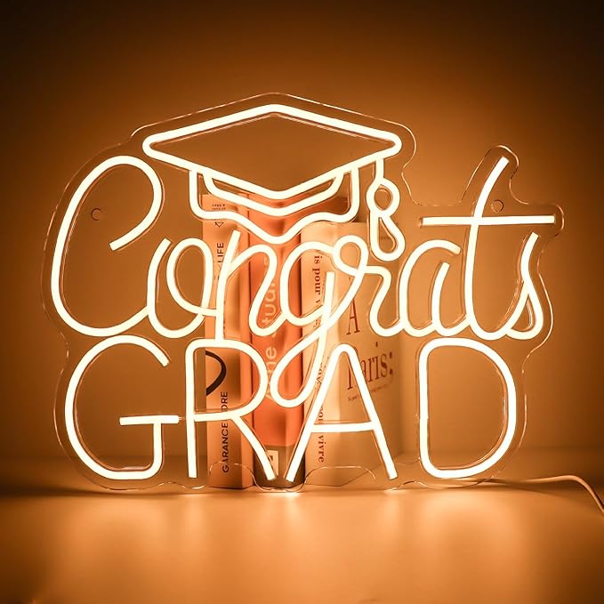 Congrats Grad LED Neon Sign, Graduation Party Decor, 16.5×12.6 Inch Warm White Grad Light Up Letters, Adjustable Congrats Graduation Sign, Dorm Room Backdrop, Celebration Gift for Class