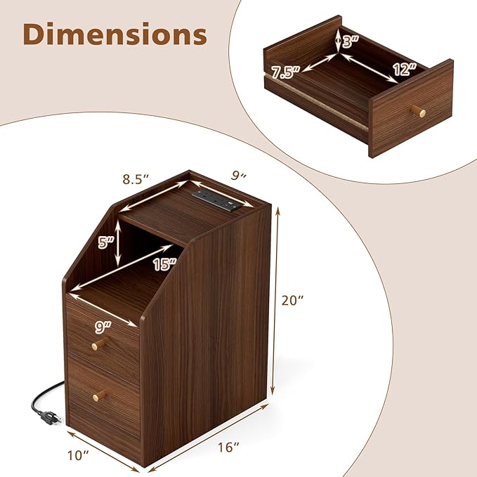 KOMFOTT Set of 2 Side Tables with Charging Station, End Tables with Storage Drawers, Sofa Couch Tables for Small Space, Modern Narrow Nightstands for Bedroom (Walnut,2)
