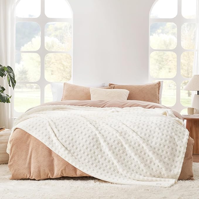 Cozy Bliss Ultrasoft Waffle Throw Blanket, Fluffy Cute Plush Blanket for Couch, Bed, Modern Home Accent, Portable for Picnic or Outdoor, Ivory, 66"x90"