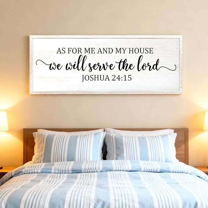 As For Me And My House We Will Serve The Lord Framed Wall Art, 40''×15'' Positive Religious Rustic Bible Verse for Christian God Jesus Christ Prayer, Vintage Horizontal Holy Catholic Scripture Decor