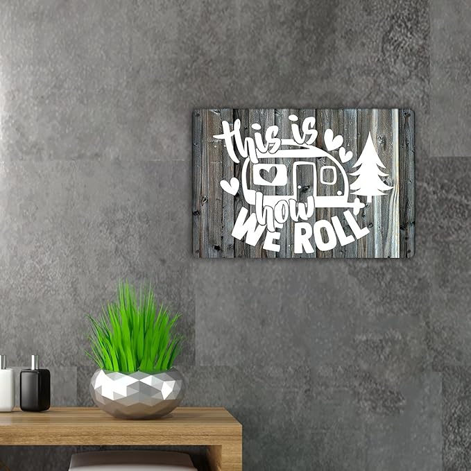 QIONGQI Funny This is How We Roll Camper Decor Metal Tin Sign Wall Farmhouse Rustic Camping Signs for Home Garage Men Cave Decor Camper Gifts (Wooden Style)