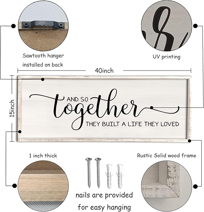Surfapans And So Together They Built A Life They Loved Wall Decor 40”X15” Large Framed Farmhouse Wood Sign for Bedroom Above Bed Living Room Over Bed Wall Art Modern Hanging Decoration (White)