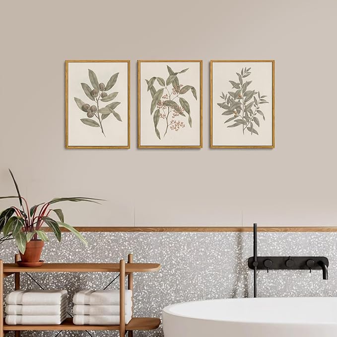 Wodkwq 3 Piece Vintage Botanical Canvas Wall Art Framed, Neutral Farmhouse Country Wall Decor,Sage Green Leaves Plants,Floral Painting For Living Room,Bedroom,Office,Kitchen 16x24in