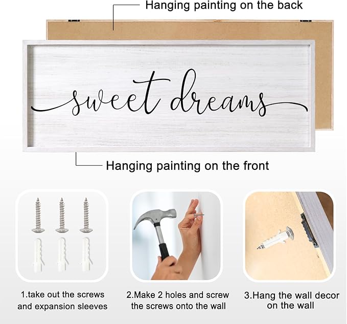 Sweet Dreams Decorative Rustic Sign & Plaque Framed Wall Art for Couples, 40''×15'' Farmhouse Wooden Horizontal Sweet Dreams Wall Decor Above Bed, Vintage Cottagecore Wedding Gift for Living Room