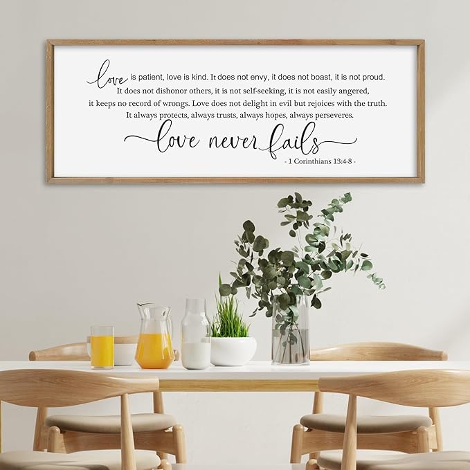 SRSZHIYUE Bible Verse Wall Art Love is Patient Kind Sign 40"×15" 1 Corinthians 13 4-8 Christian Inspirational Faith Wood Framed Living Room Office Large Plaque Wall Hanging (Wood)