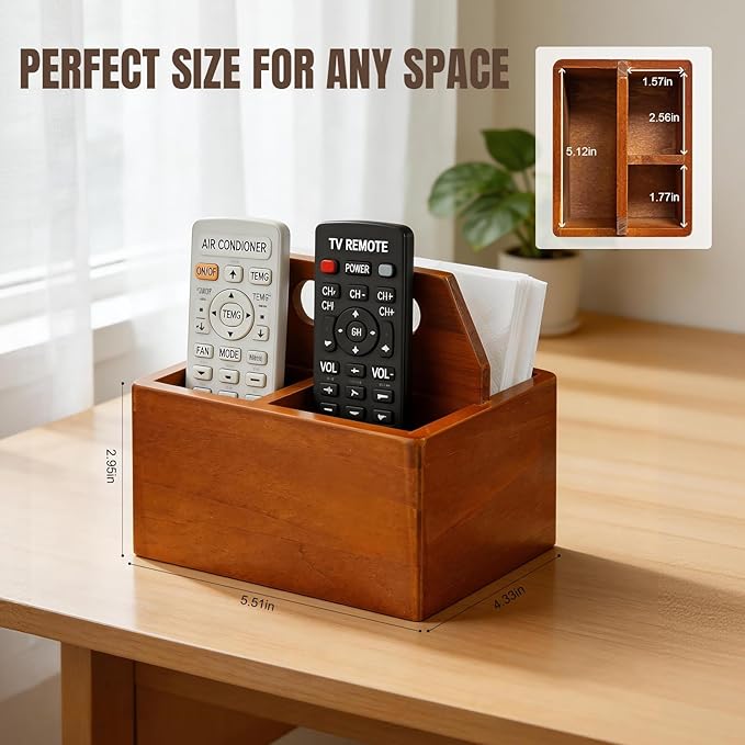 Acacia Wood Remote Control Holder with Handle, Desk Organizer with 3 Compartments, Wood TV Stand Decor, Easy Storage TV Remote Holder for Living Room, Bedside Caddy, Office Supplies