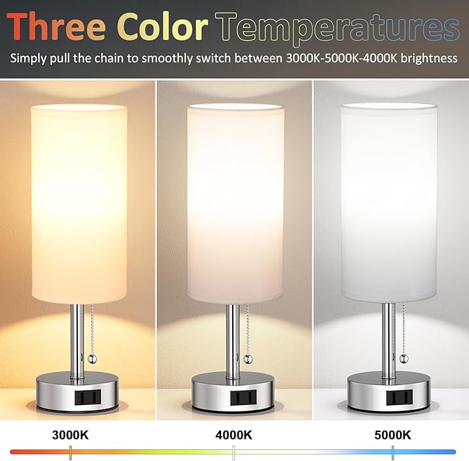 Fenmzee White Silver Bedside Table Lamps Set of 2-3 Color Temperatures Pull Chain Lamp with AC Outlet Charging Port, Two Round Night Stand Lamps for Bedroom, Small Bed Side Light with E26 LED Bulbs
