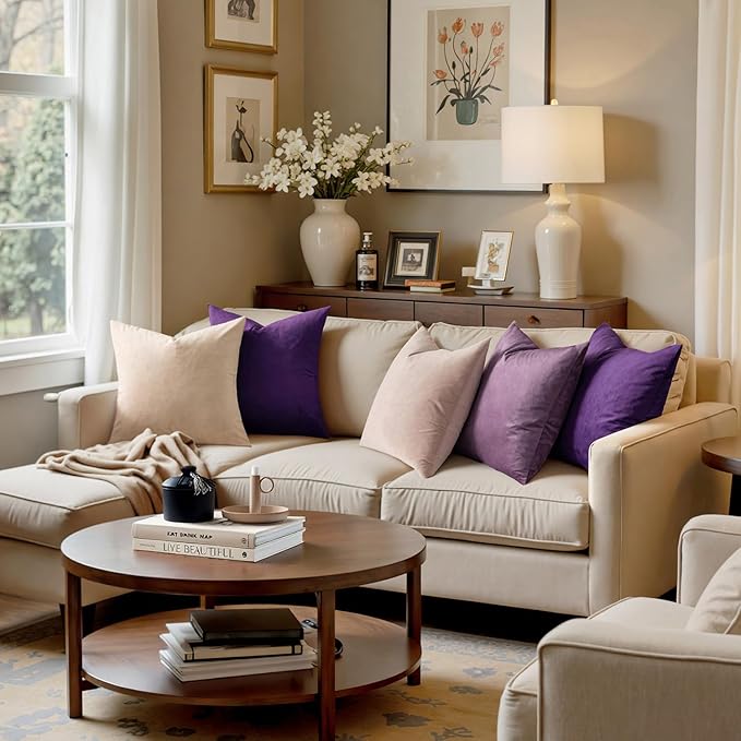 MIULEE Velvet Throw Pillow Covers 20x20 Inch, Pack of 2 - Eggplant Purple, Super Soft Decorative Square Cushion Cases Modern Luxury Spring Home Decor for Sofa,Couch,Bed,Chair