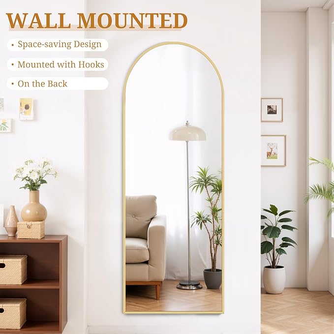 Full Length Mirror 64"x21" Full Body Mirror Arched Free Standing Wall Mounted Leaning Floor Mirrors with Stand Aluminum Alloy Frame for Bedroom Cloakroom, Gold