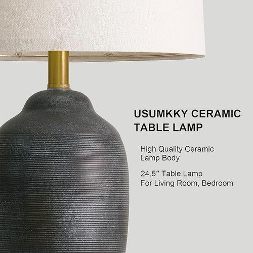 24.5" Vintage Ceramic Table Lamp with 5FT Cord- Single Farmhouse Rustic Bedside Lamp with Natural Textured Finish, Nightstand Lamps for Living Room, Bedroom, End Table, Office Retro Black