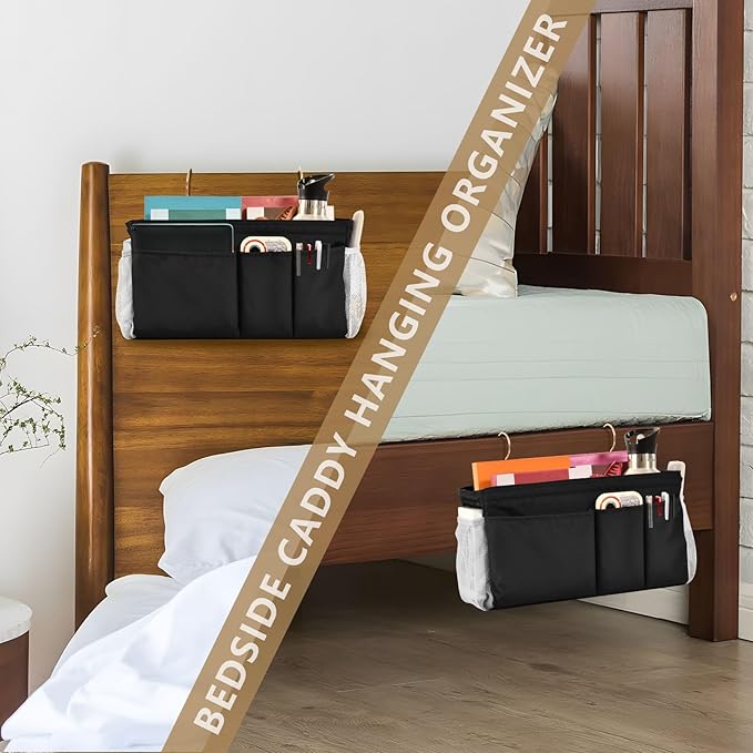 DOMIKING Black Bedside Caddy for Dorm Bed Recliner Armrest Organizer with Hooks Haning Holder for Bunk Bed Headboards Rails