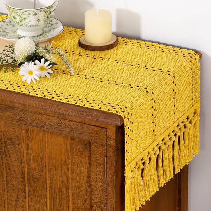 Socomi Boho Table Runner Macrame Easter Spring Farmhouse Woven Cotton Linen Rustic Coffee Table Runner with Tassels for Dresser Scarf Home Decor Dining Room 12x90 in Yellow Gold
