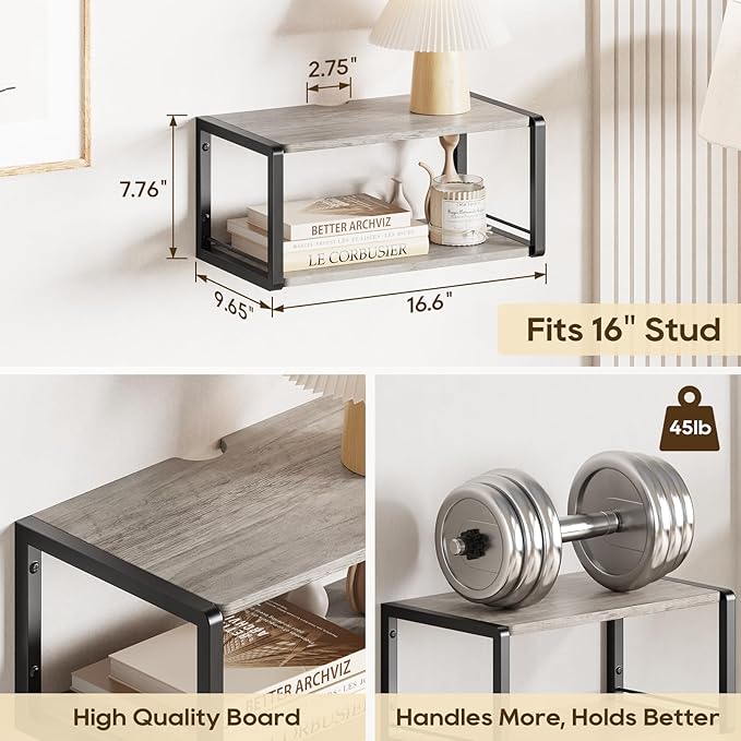 Floating Nightstand, Wood Bedside Shelf Wall Mounted Nightstand with Heavy-Duty Frame, Floating Bedside Table for Bedroom, Bathroom, Kitchen, (Vintage Grey, 1 Pack)