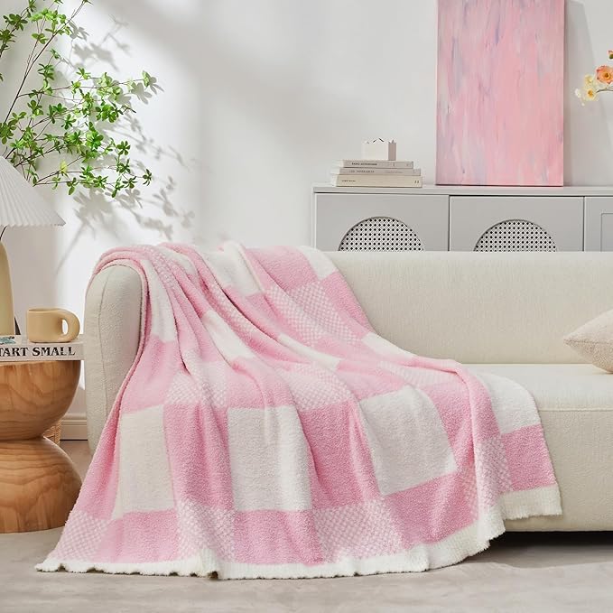 Snuggle Sac Checkered Blanket, Baby Pink Throw Blanket for Couch Plaid Microfiber Fluffy Warm Cozy Fuzzy Soft Throw Blanket Reversible Checkerered Blankets for Sofa, Bed, 60x80 inches