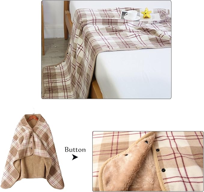forestfish Fleece Wearable Blanket, Plaid Lap Blanket Comfy Poncho Throw with Buttons for Bed Sofa Office, Brown-White