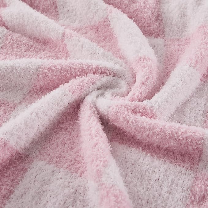 Checkered Throw Blanket, Pink Soft Cozy Fluffy Knitted Throw Blankets for Couch, Sofa, Bed, Chair, Warm Fuzzy Travel Picnic Lightweight Plaid Blanket, 50x70 inches