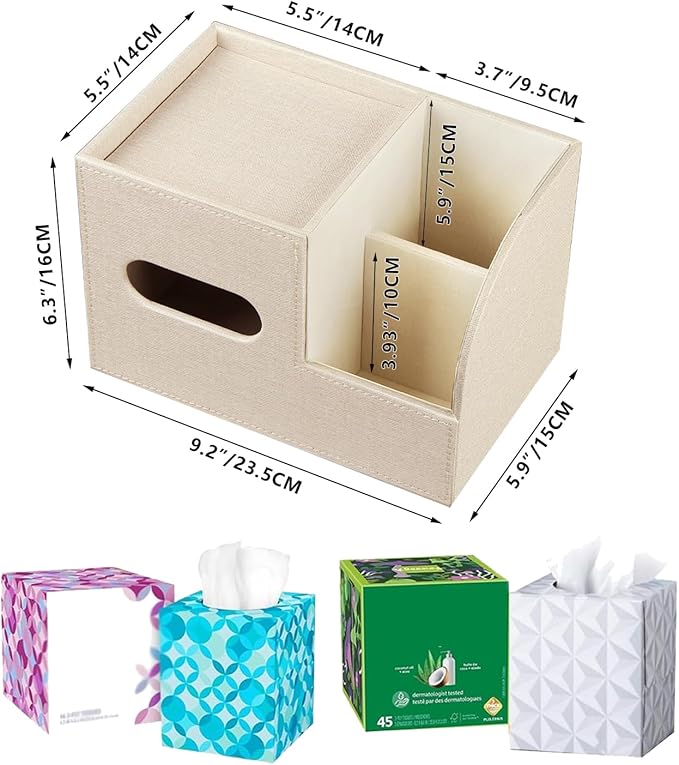 PU Leather Tissue Box Cover Square,Tissue Box Holder Organizer with Storage Tray and Remote Control Holder for Bathroom Countertop Night Stands Bedroom Office Desk,Napkin Caddy Decorative Black