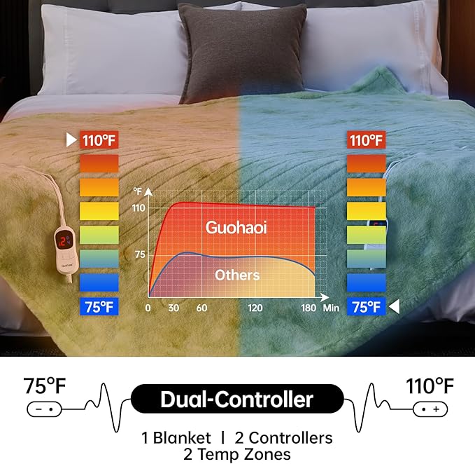 Guohaoi Heated Blanket Electric Throw, Soft Faux Rabbit Fur Electric Blanket with 10 Heating Levels 5 Sitting Timer Auto Off, Dual-Controller Heating Blankets, Machine Washable(84"×90" Light Green)