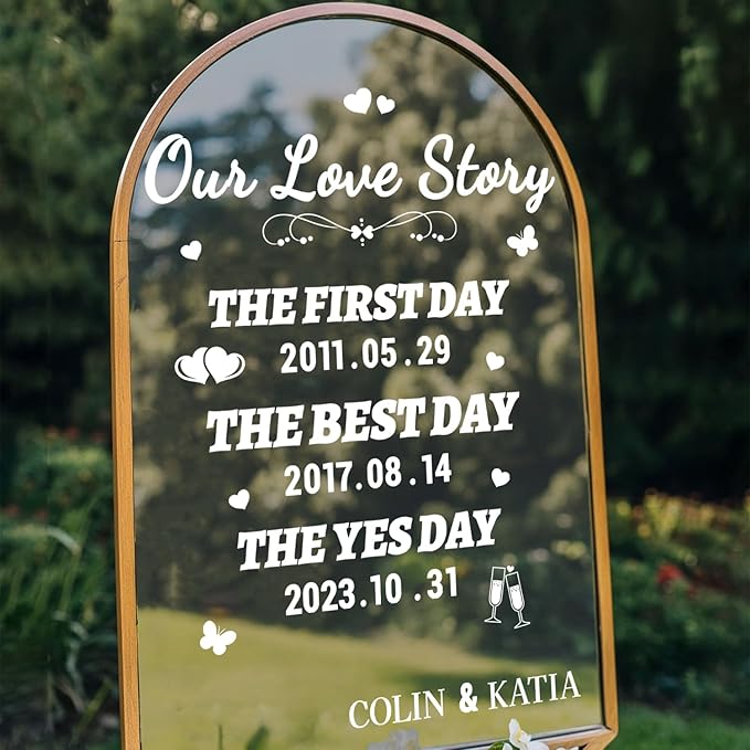 HLNIUC Welcome to Our Love Story Mirror Stickers Double-Sized,Removable Letters Number Wall Decal,The Best Day Wall Decals,Personalized Wedding Mirror Sticker for Window Sign Marriage Decoration