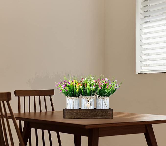 Gypsophila Baby's Breath Artificial Flowers in Rustic Metal Pots and Wood Tray, Table Centerpiece Decorations Fake Flowers for Home Décor