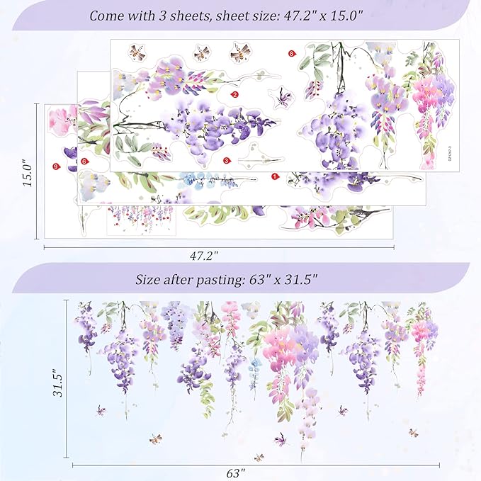 Purple Flowers Wall Decals Peel and Stick, Large Hanging Floral Vinyl Wall Stickers, Removable Vine Home Decor Art for Bedroom Living Room Classroom Office